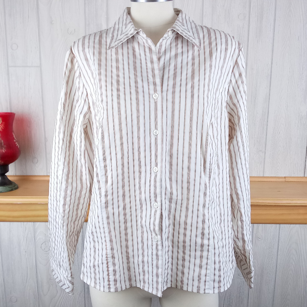🦃Gold Gray White Black Striped Button Up Top Shirt